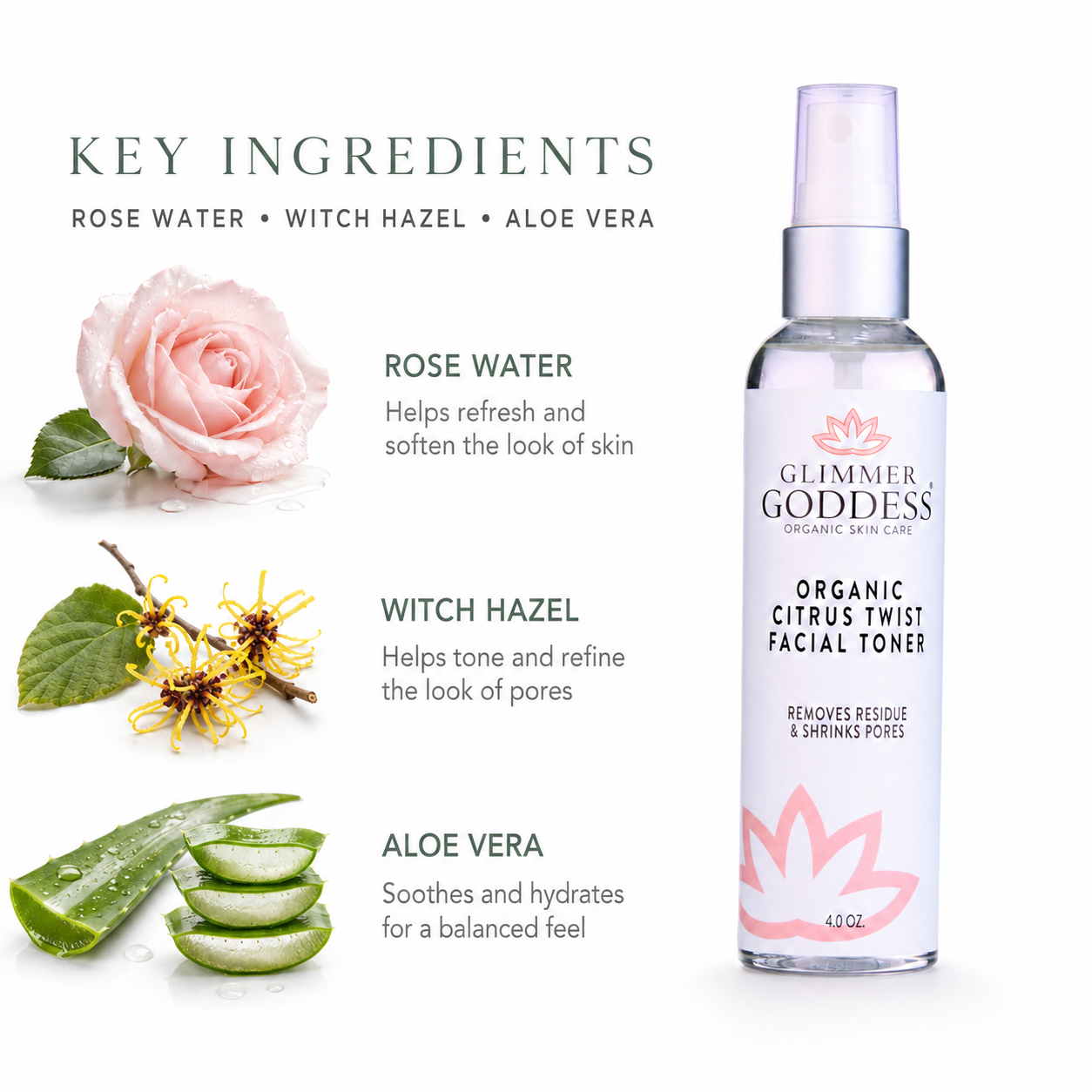 Organic Rose Water Facial Toner – Citrus Twist Toner with Witch Hazel & Aloe for Pore Tightening