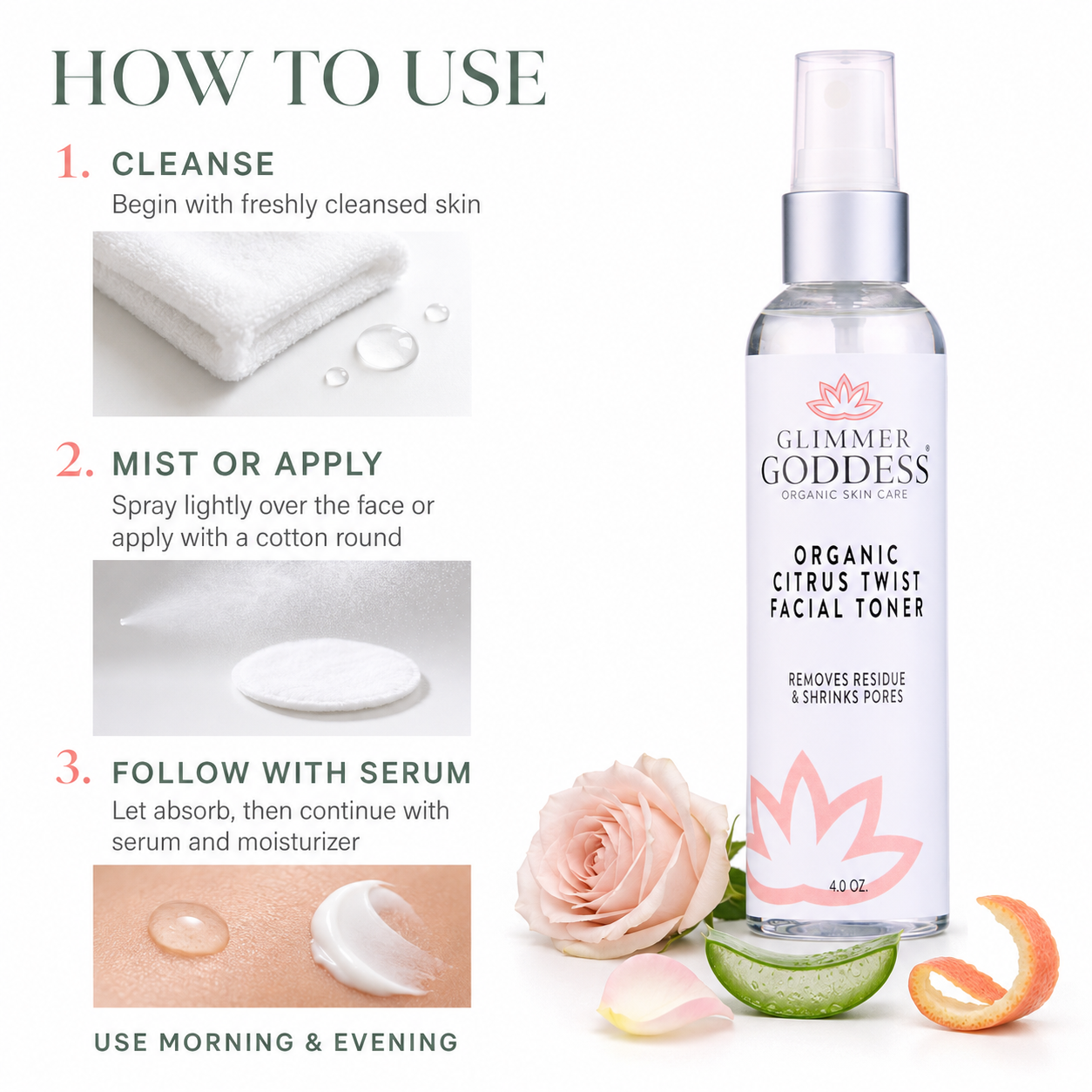 Organic Rose Water Facial Toner – Citrus Twist Toner with Witch Hazel & Aloe for Pore Tightening
