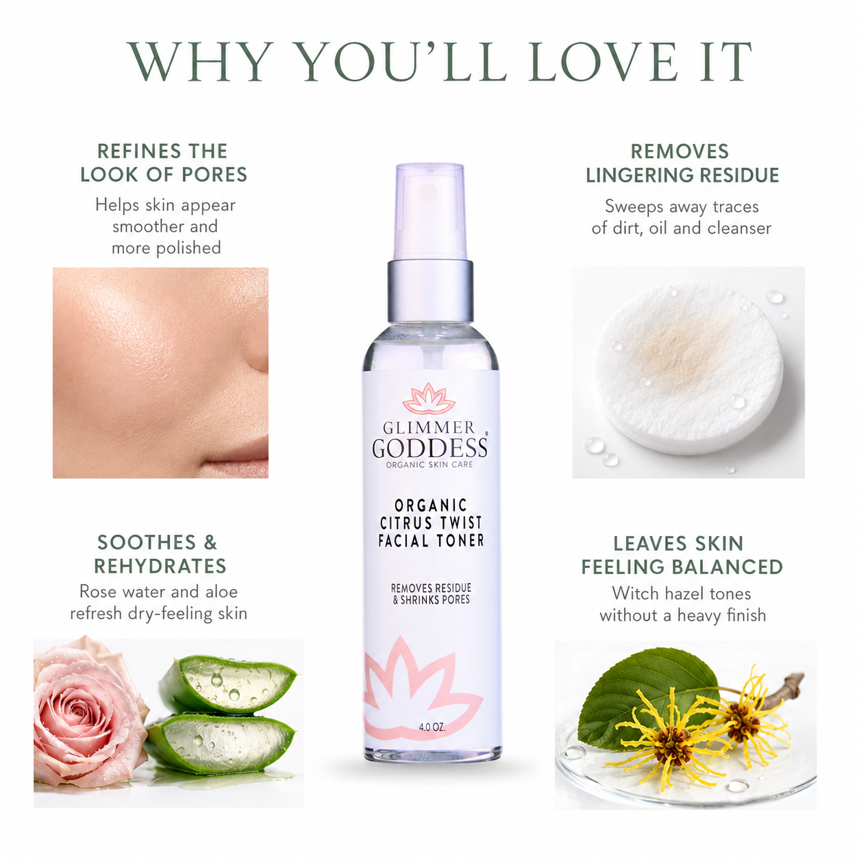 Organic Rose Water Facial Toner – Citrus Twist Toner with Witch Hazel & Aloe for Pore Tightening