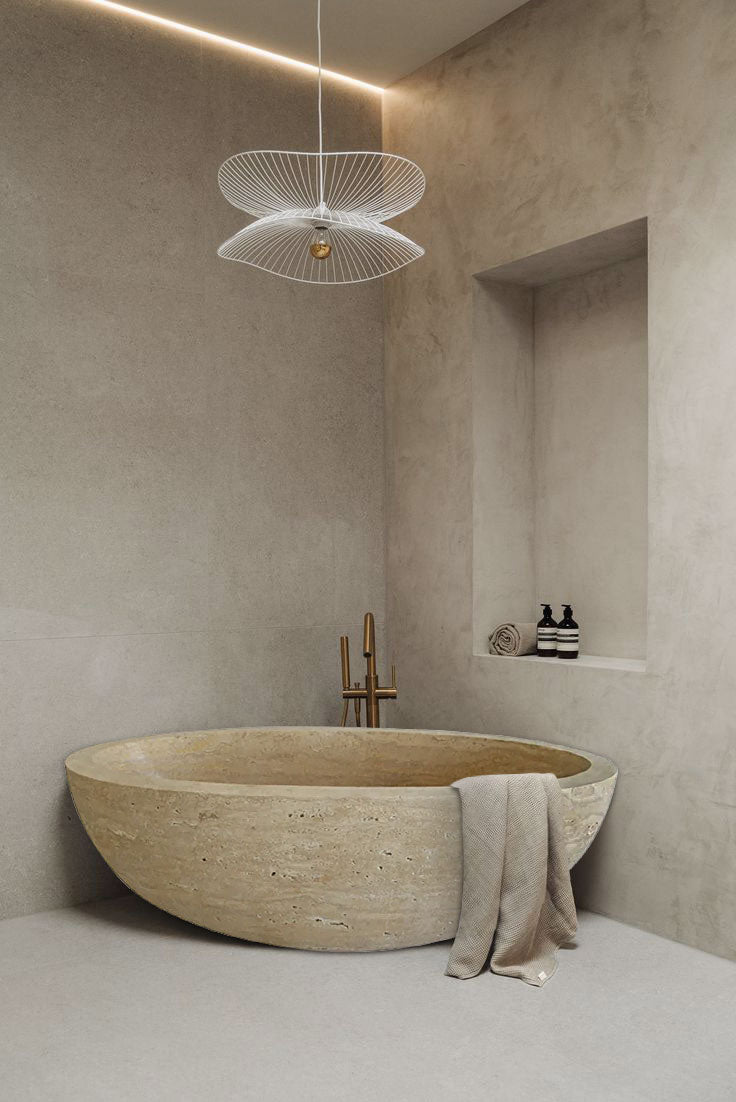 Beige Travertine Ellipse Bathtub - Hand Carved Honed 70x35x20