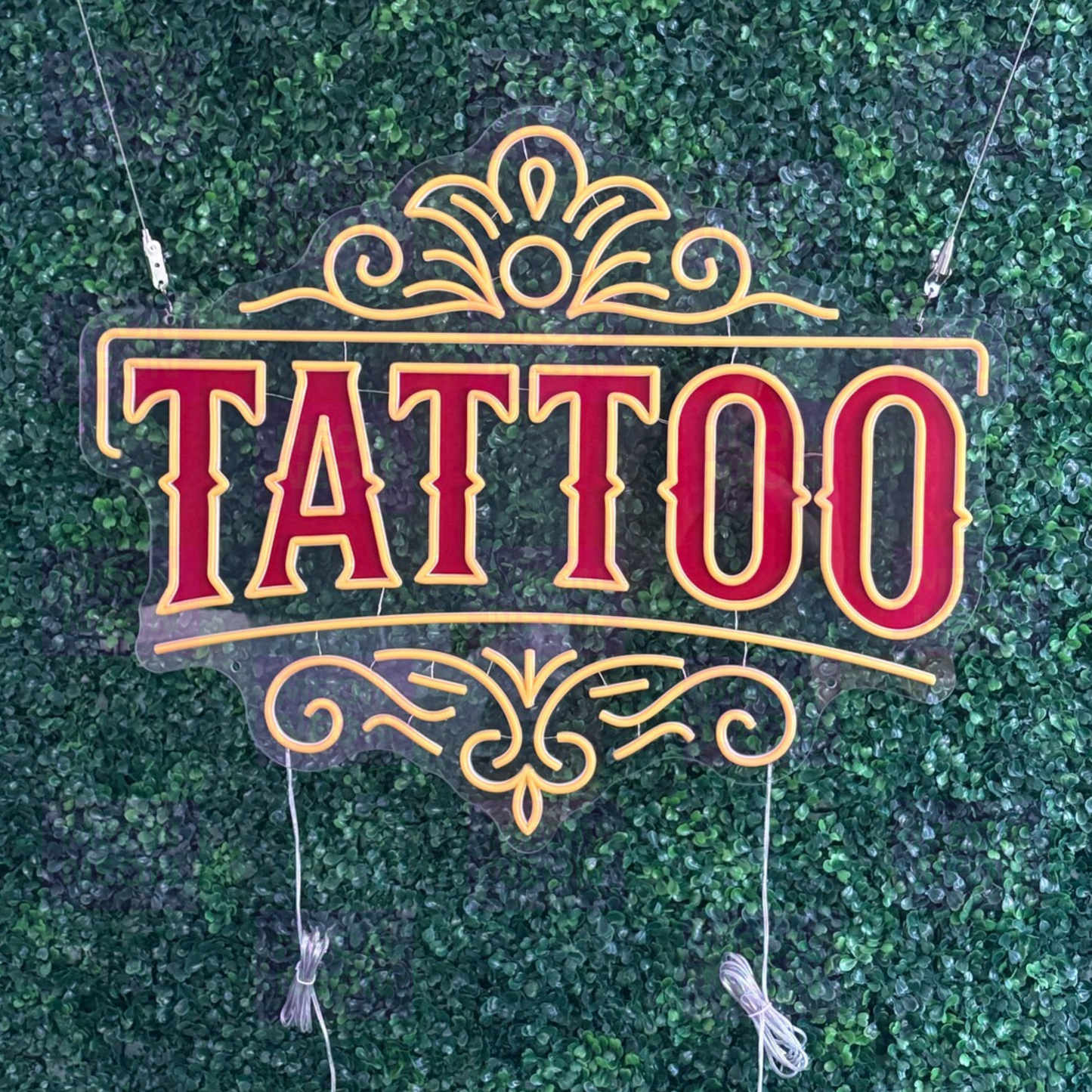 Classic Ornate TATTOO LED Neon Sign - Victorian Style - Decorative Flourishes - Red & Gold Light