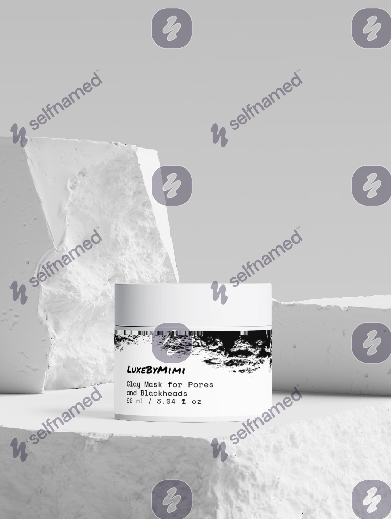 A white cosmetic jar labeled LuxByMIMI Clay Mask for Pores and Blackheads, styled on a light gray surface with torn white paper props. The image has repeated 'selfnamed' watermarks across the frame.