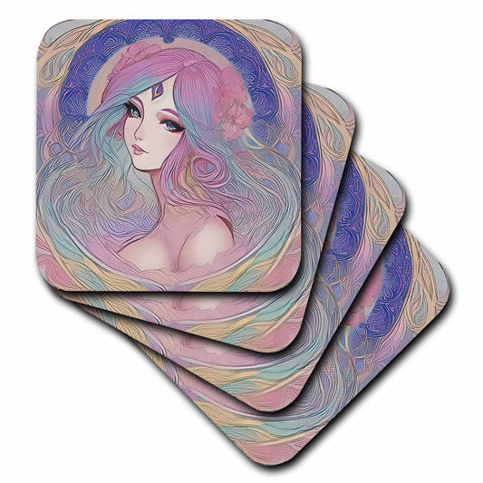3dRose Art Nouveau Woman. Pink Hair Fairy Princess with Blue Eyes Nice Charm - Coasters (cst-376012)