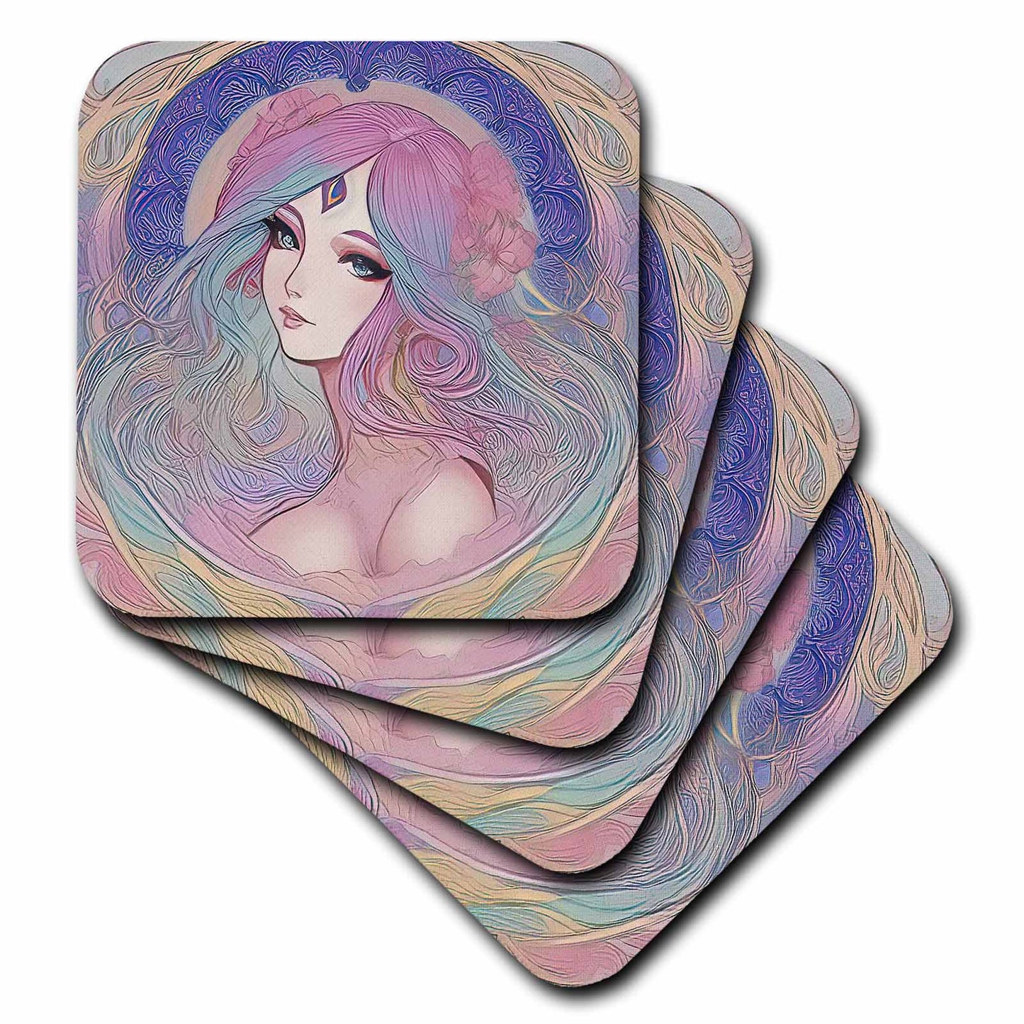 3dRose Art Nouveau Woman. Pink Hair Fairy Princess with Blue Eyes Nice Charm - Coasters (cst-376012)