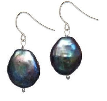 Coin Pearl Drop Earrings-Black with Rainbow Overtones-0