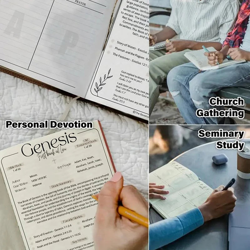 Collage of a Bible, a hand writing in a notebook, and people in a church gathering with text labels.