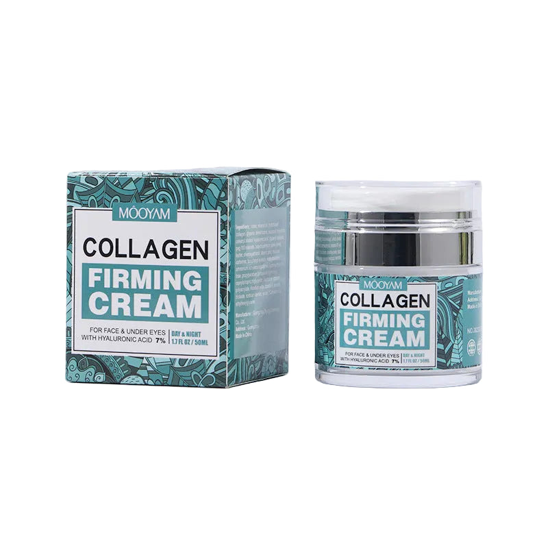 Collagen firming cream jar and packaging on a white background