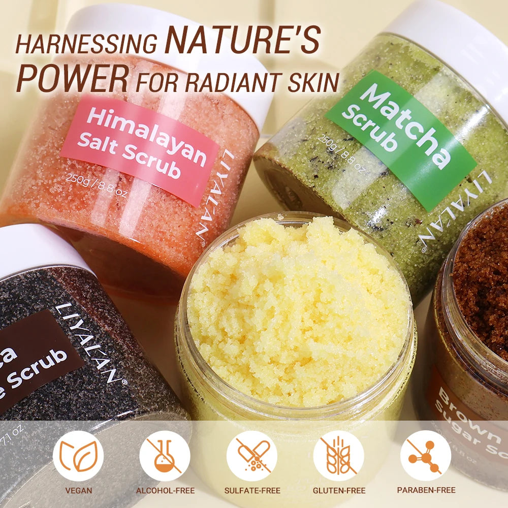 Collection of LIVIALAN scrub jars with text 'Harnessing Nature's Power for Radiant Skin' on a beige background.
