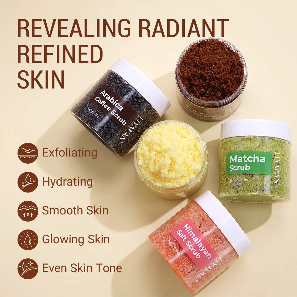 Collection of coffee and matcha scrubs with text highlighting benefits on a beige background