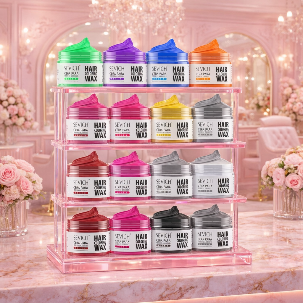Collection of colorful hair color wax containers on a decorative stand with a pink floral background.