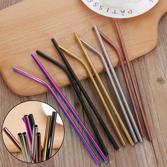 Set of colorful metal straws on a wooden surface with a close-up inset.