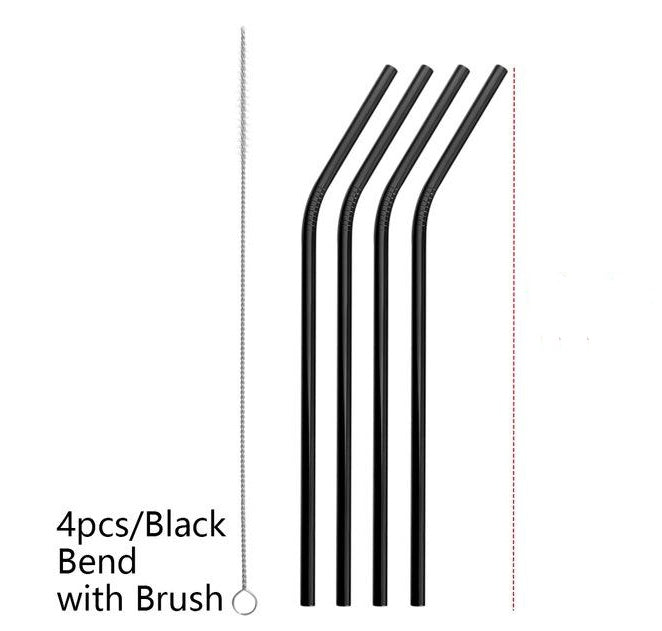 Set of four black bendable stainless steel straws with a brush on a white background - 4 piece