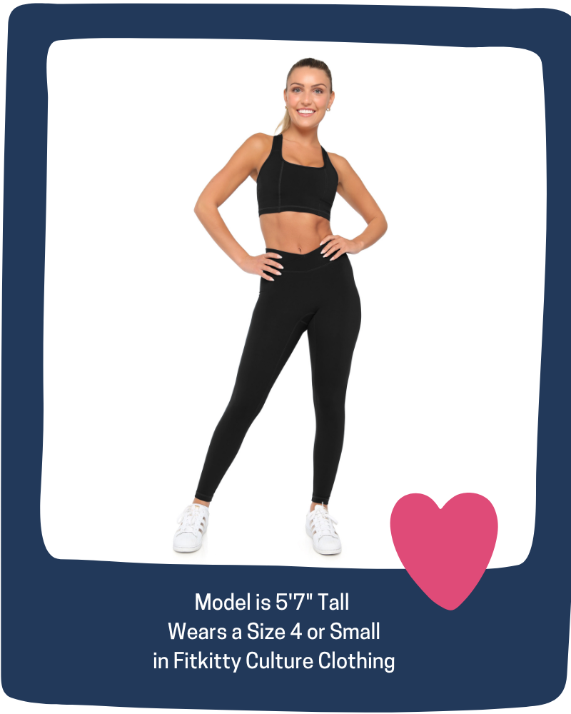 Woman wearing black athletic outfit with text about height and clothing size.