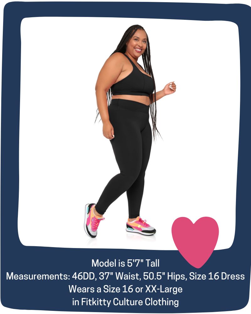 Woman wearing a black outfit with text about measurements and clothing size.