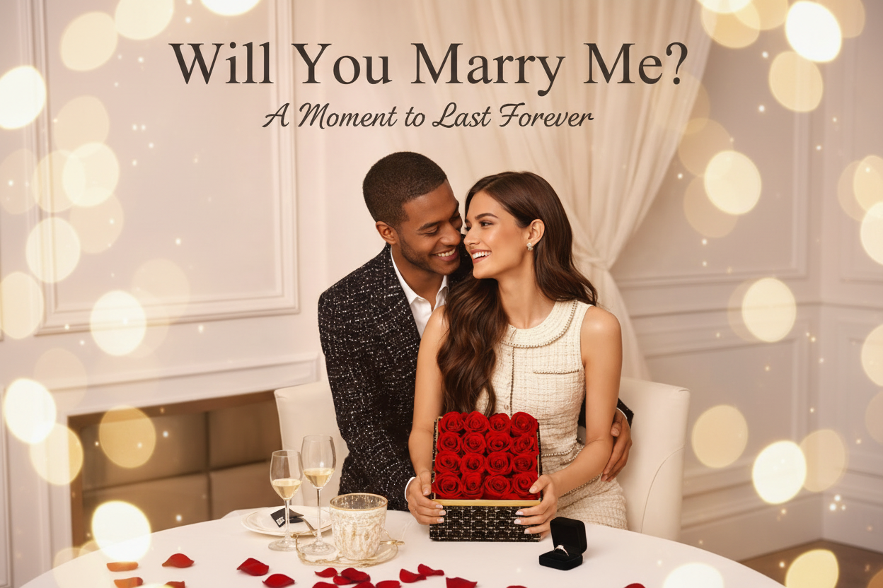 Couple holding a box of roses with 'Express Love In Roses' text above them.