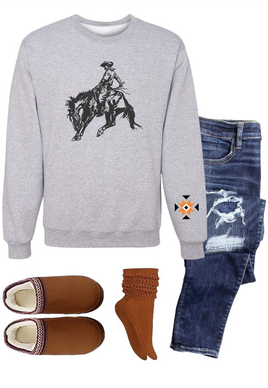 Cowboy with Aztec Sleeve Graphic Crew grey Sweatshirt