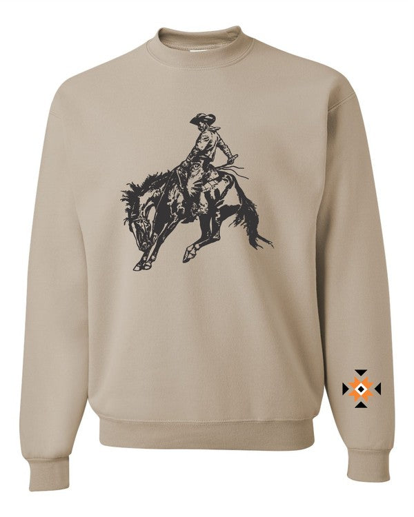 Beige sweatshirt with a graphic of a cowboy riding a bucking bronco on a white background Cowboy with Aztec Sleeve Graphic Crew Sweatshirt
