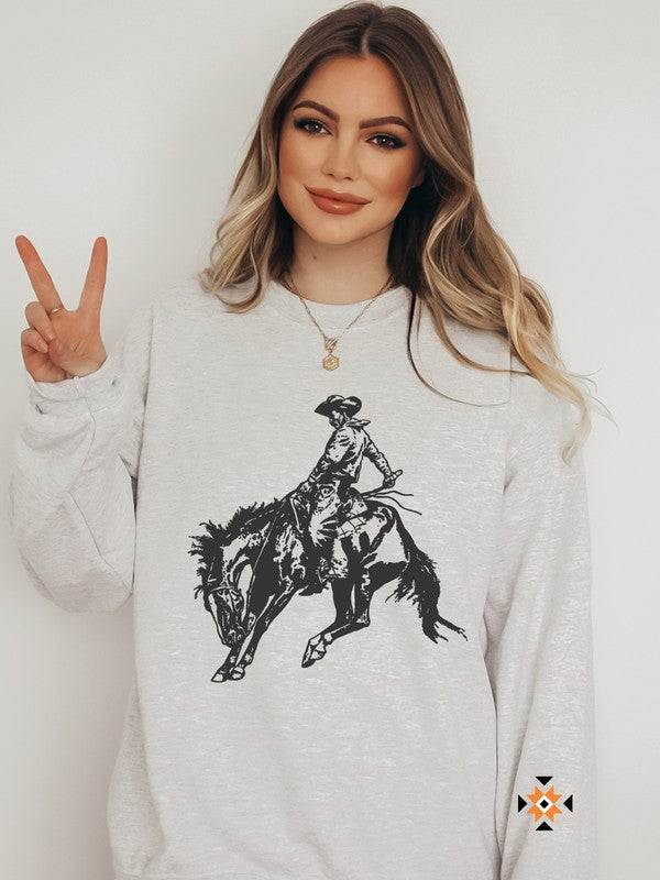 Cowboy with Aztec Sleeve Graphic Crew Sweatshirt