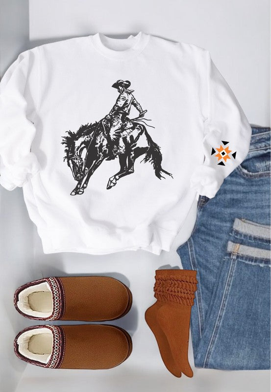 Cowboy with Aztec Sleeve Graphic Crew Sweatshirt