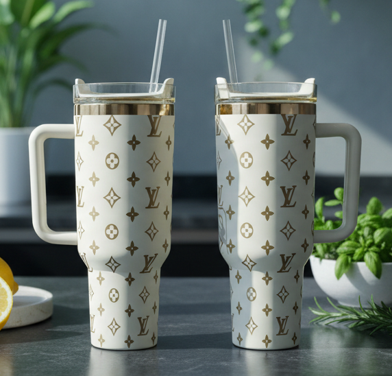 Creme & Gold Luxe LV Laser Engraved Tumbler