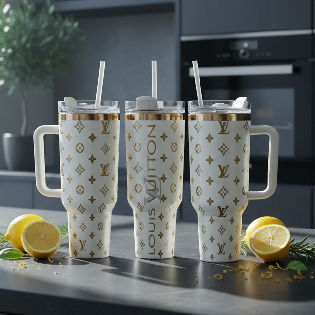 Creme & Gold Luxe LV Laser Engraved Tumbler