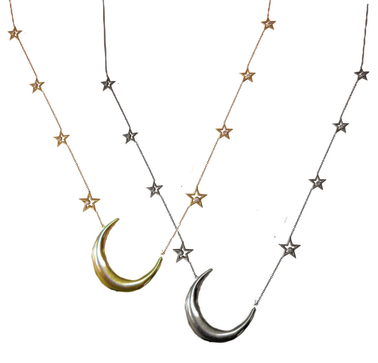 Crescent Moon on Chain of Stars. 14K gold with Diamonds-0