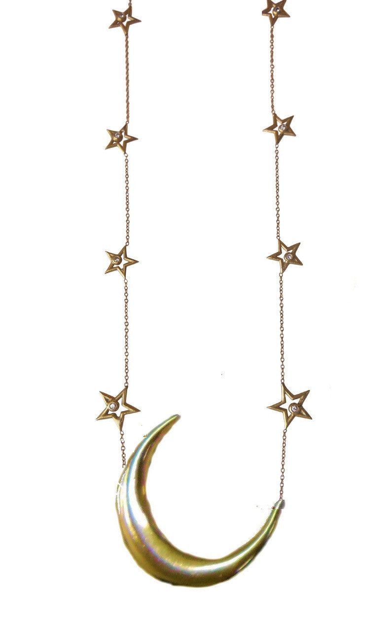 Crescent Moon on Chain of Stars. 14K gold with Diamonds-4