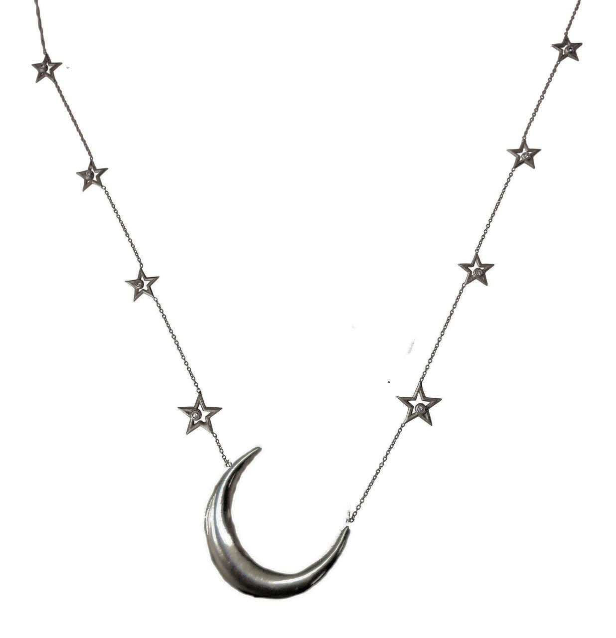 Crescent Moon on Chain of Stars. 14K gold with Diamonds-5