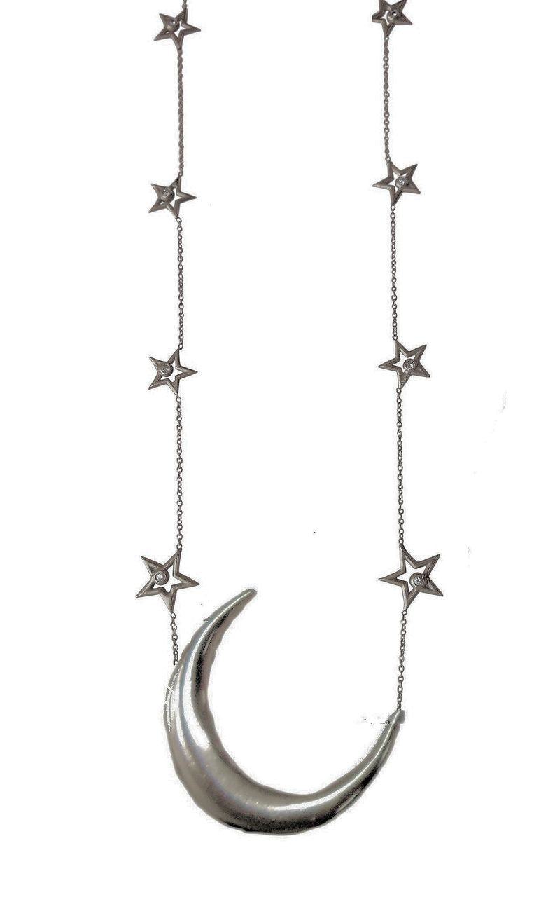 Crescent Moon on Chain of Stars. 14K gold with Diamonds-6