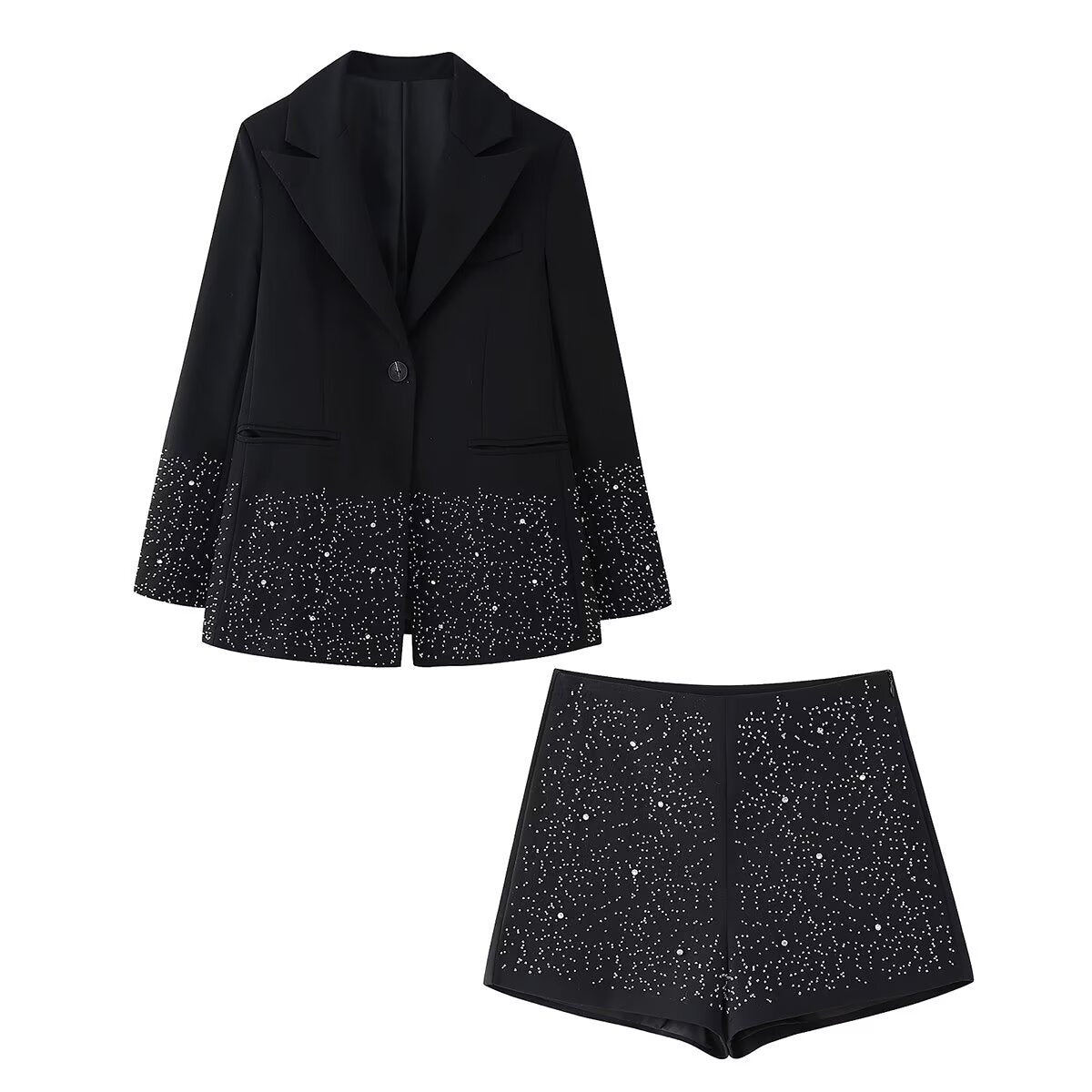 Crystal Studded Embroidered Blazer Suit Jacket with Shorts