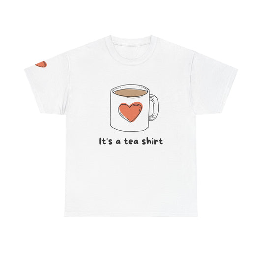 White t-shirt with a graphic of a coffee mug with a heart and text 'It's a tea shirt' on a white background. Cute Tea Theme Tee, It's a Tea Shirt, Gift for Tea Lovers, Unisex T-Shirt, Casual Wear, Birthday Gift, Funny Tee
