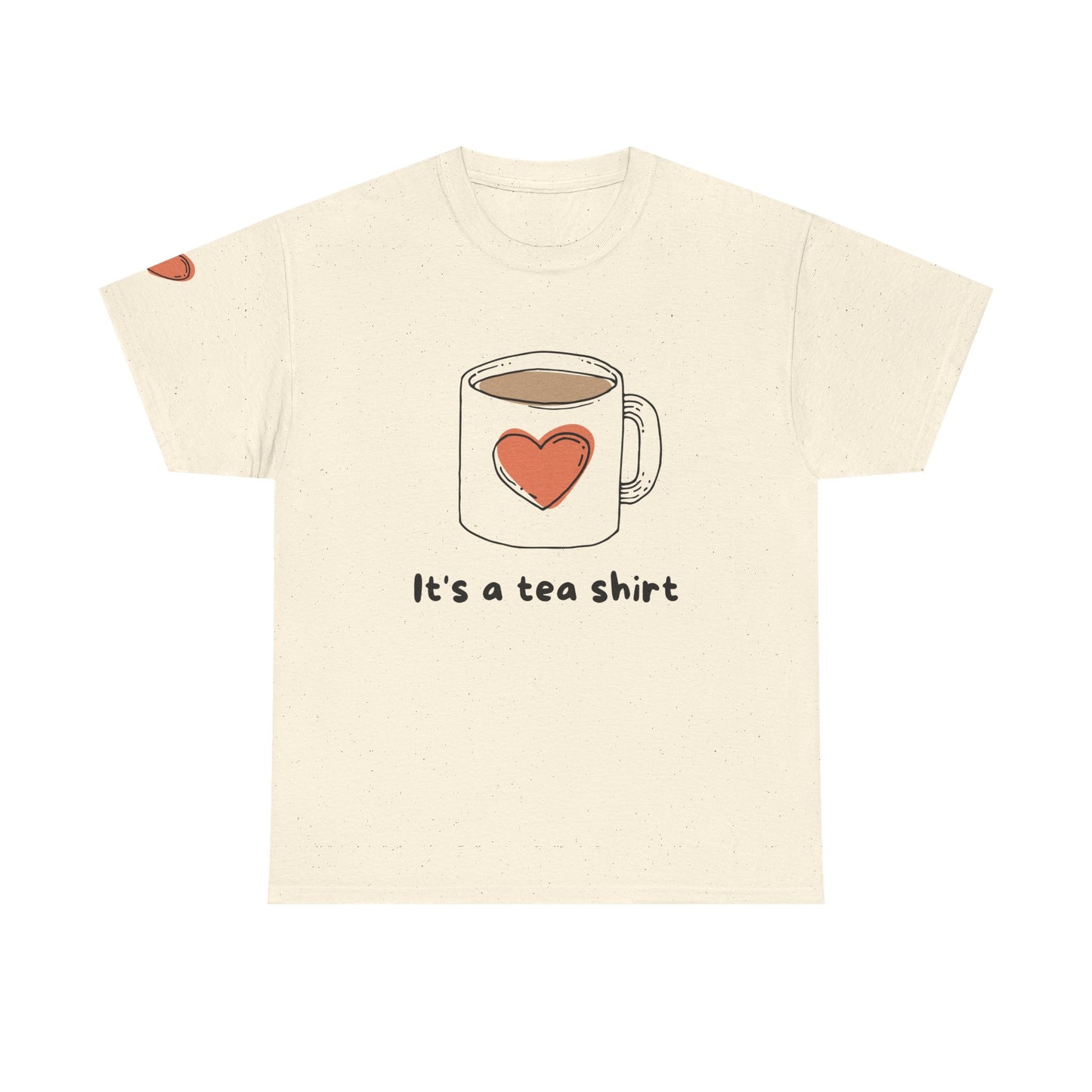 Beige t-shirt with a graphic of a tea cup and heart, and text 'It's a tea shirt' on a white background. Cute Tea Theme Tee, It's a Tea Shirt, Gift for Tea Lovers, Unisex T-Shirt, Casual Wear, Birthday Gift, Funny Tee