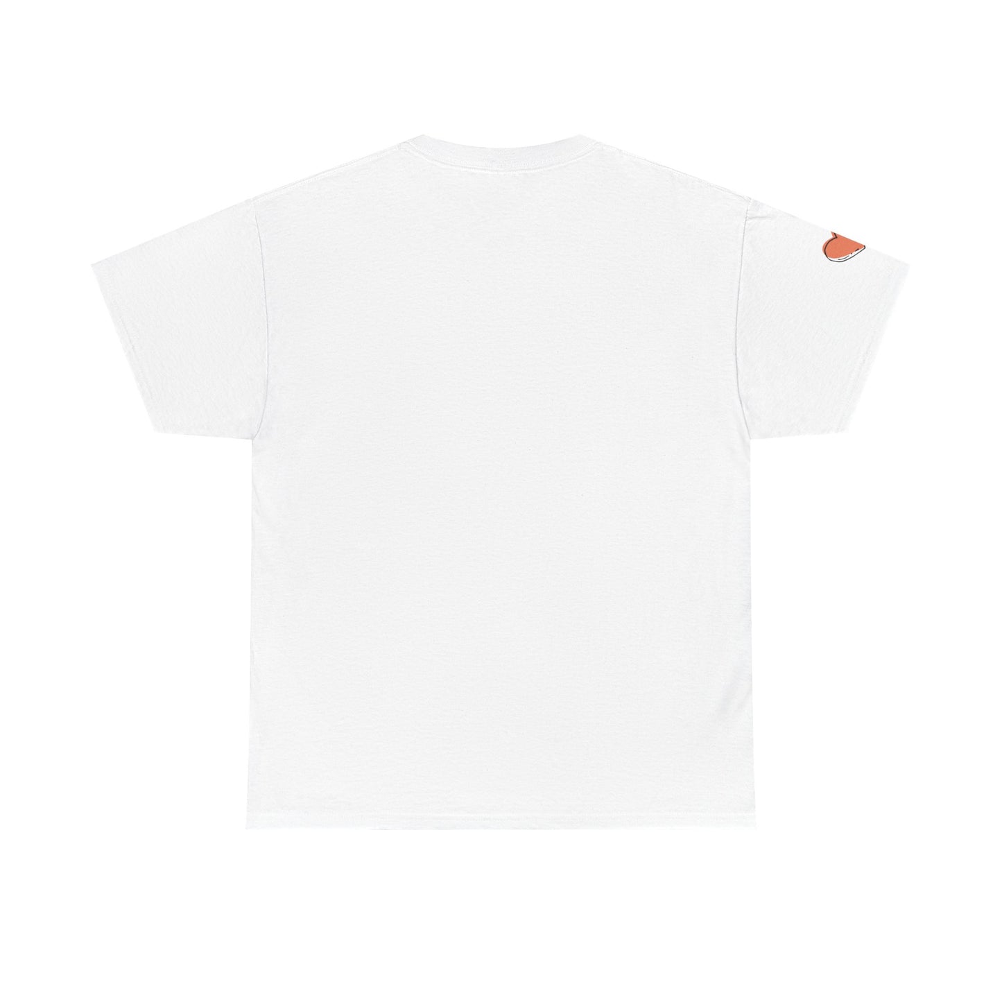 White t-shirt with a small red heart logo on a white background
