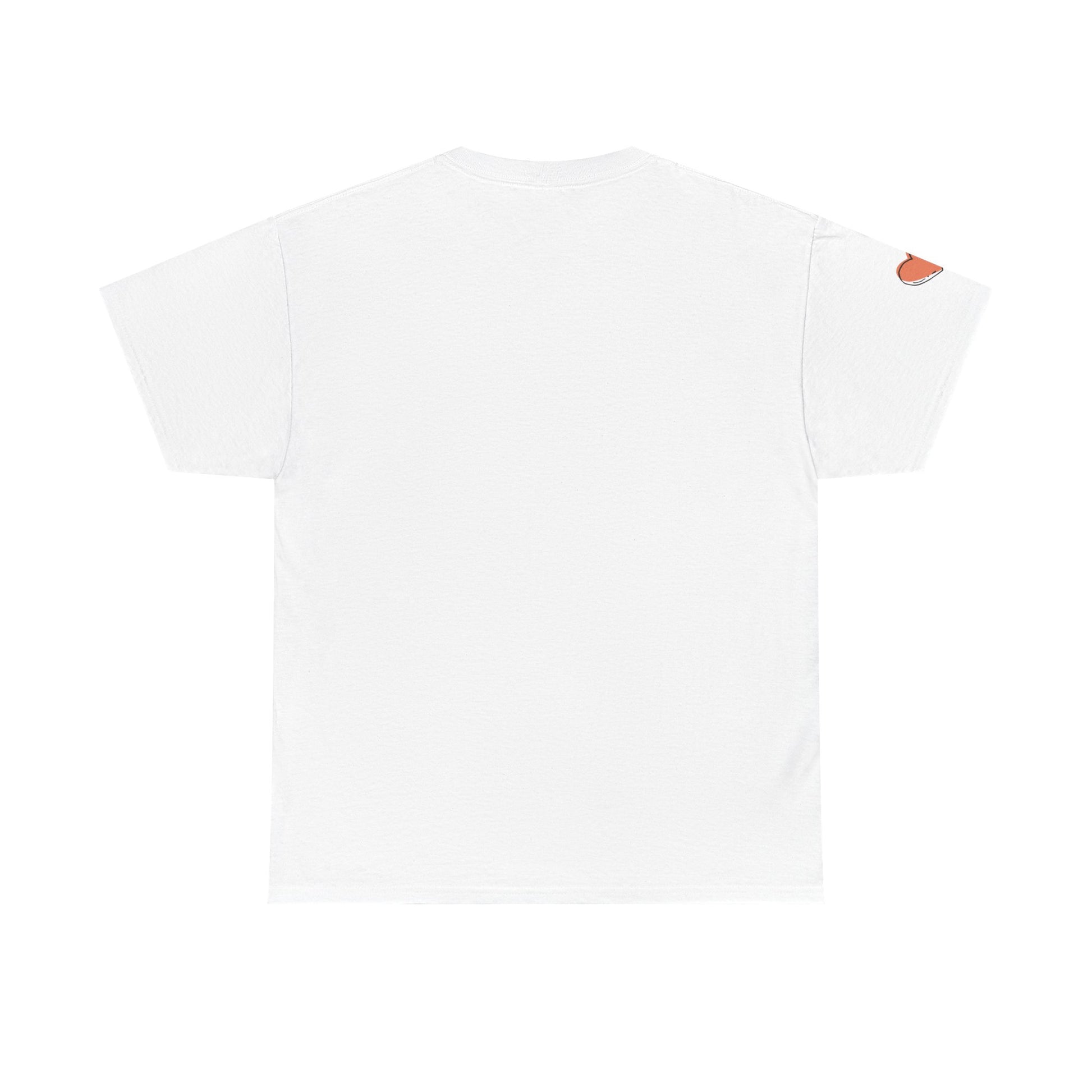 White t-shirt with a small red heart logo on a white background