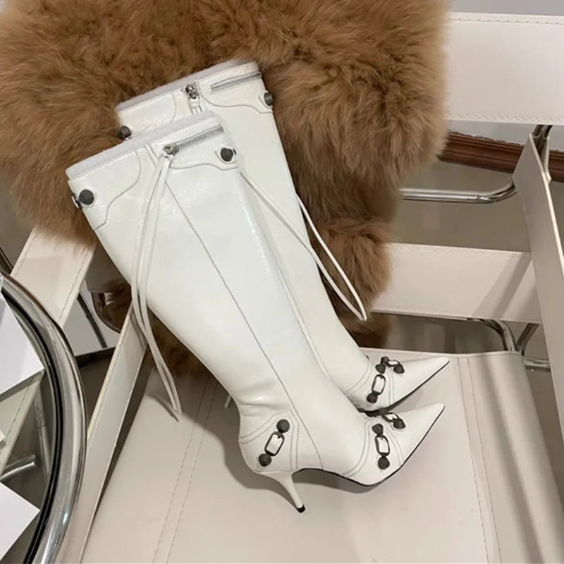 New Metal Rivet Women High Knee Boots Pointed Toe Thin Heels Designer Shoes Party Tassels Zipper-Sid Long Botas De Mujer
