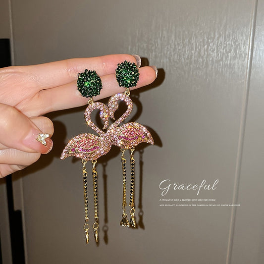Crystal Pink Flamingo Earrings Tassel Rhinestone Dangle Earrings for Women Long Birds Statement Jewelry Gift Party