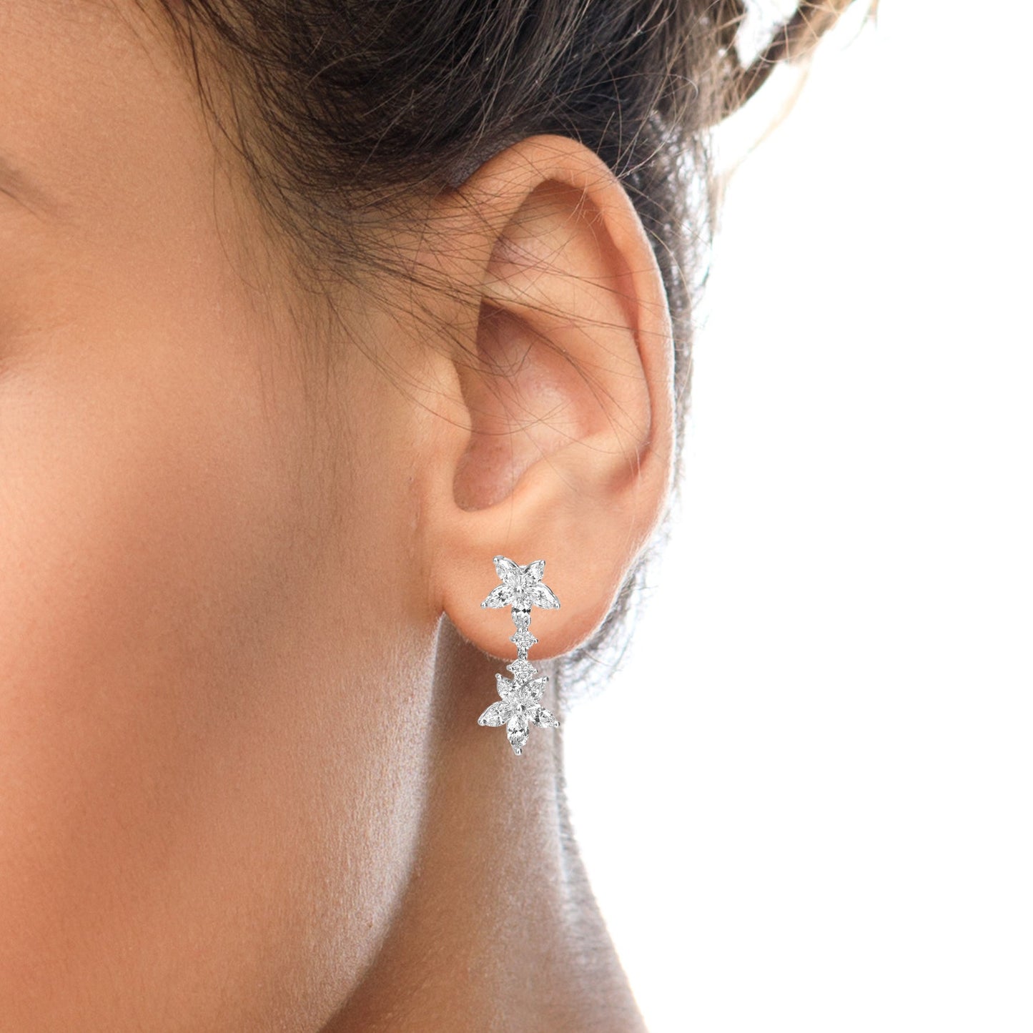 18k White Gold 6.0 Cttw Marquise Diamond Floral Dangle Drop Earrings (E-F Color, VS1-VS2 Clarity)-2