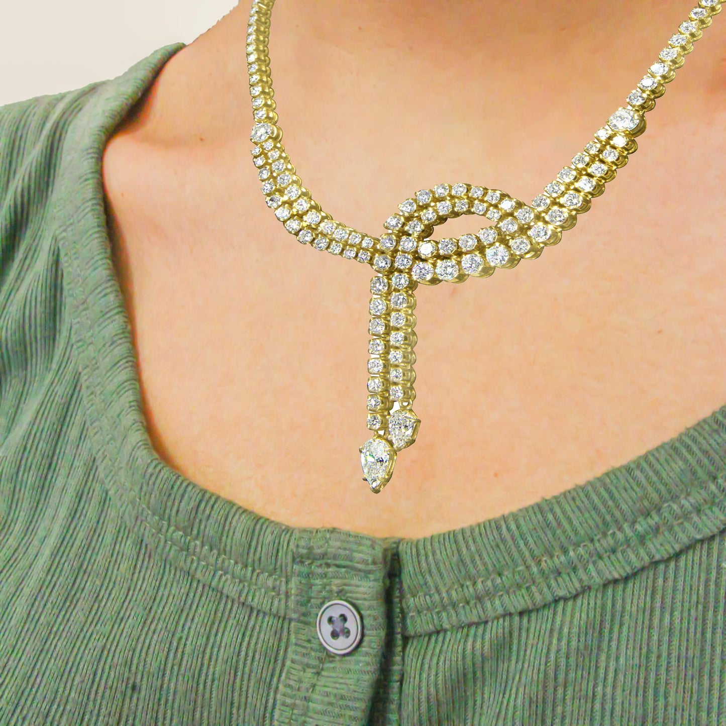 14k Yellow Gold 17.0 Cttw Diamond Double Row Lariat 18" Inch Tennis Necklace with Pear Shape Diamond Drop Tips (I-J Color, VS2-SI1 Clarity)-2