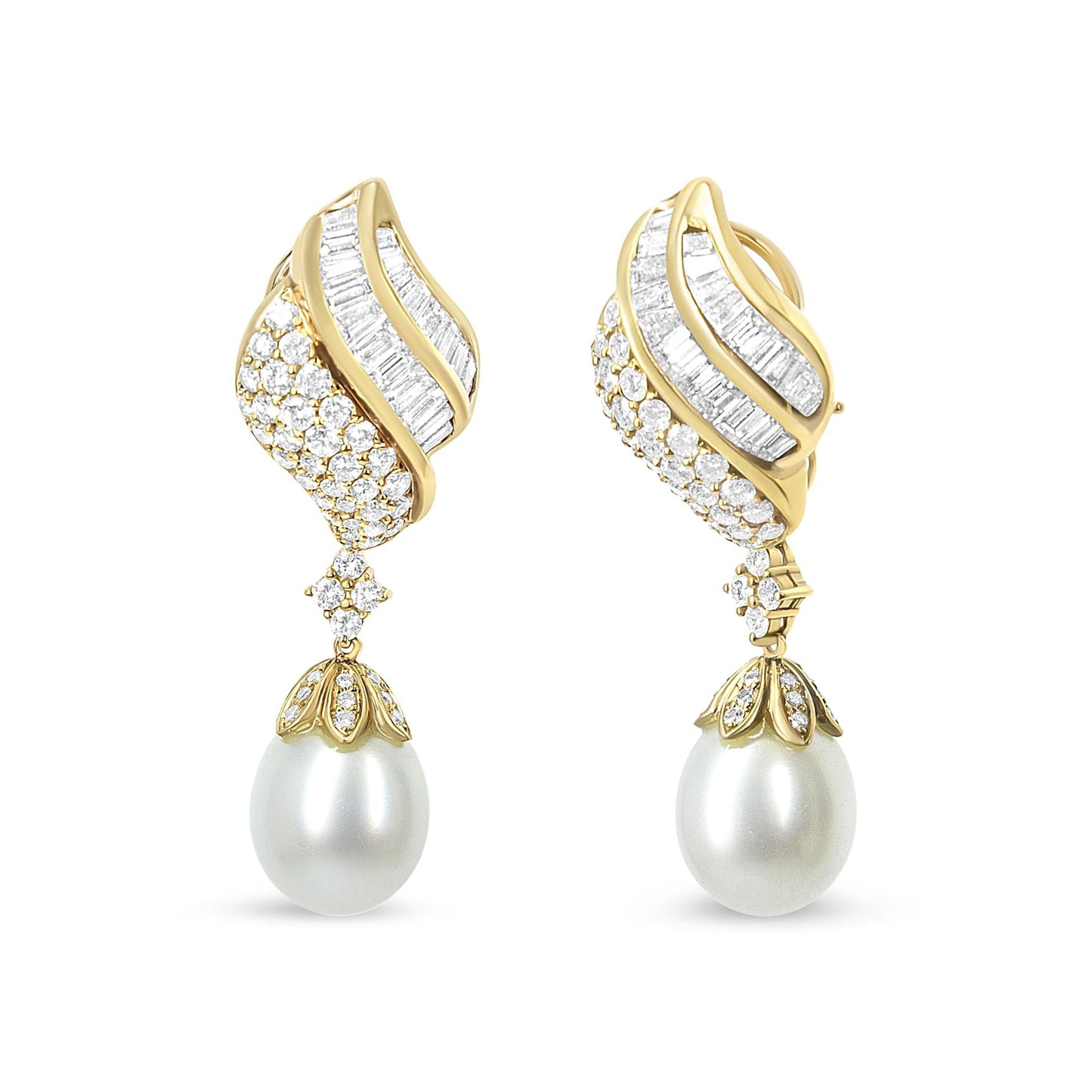 18k Yellow Gold 7.0 Cttw Baguette and Round Diamond South Sea Pearl Drop Dangle Clip-On Earrings (F-G Color, VS1-VS2 Clarity)-0