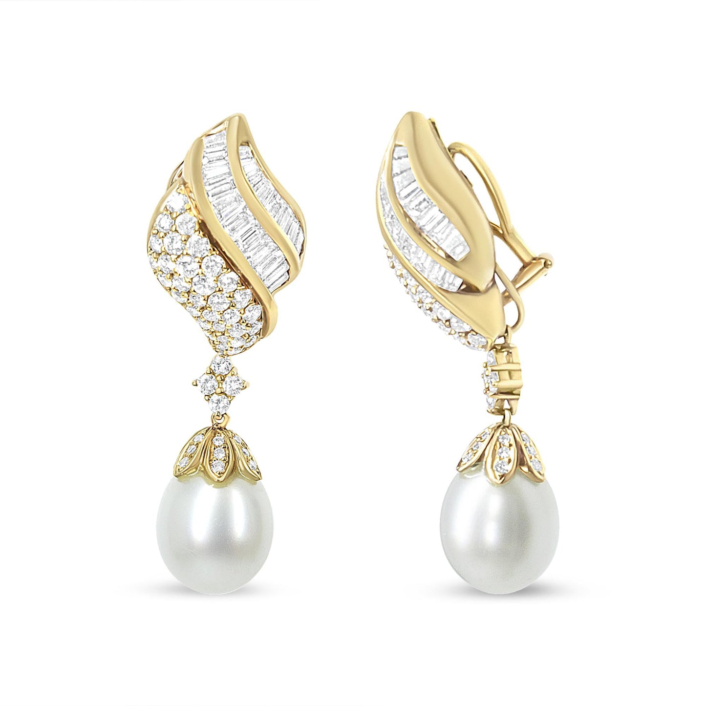 18k Yellow Gold 7.0 Cttw Baguette and Round Diamond South Sea Pearl Drop Dangle Clip-On Earrings (F-G Color, VS1-VS2 Clarity)-3