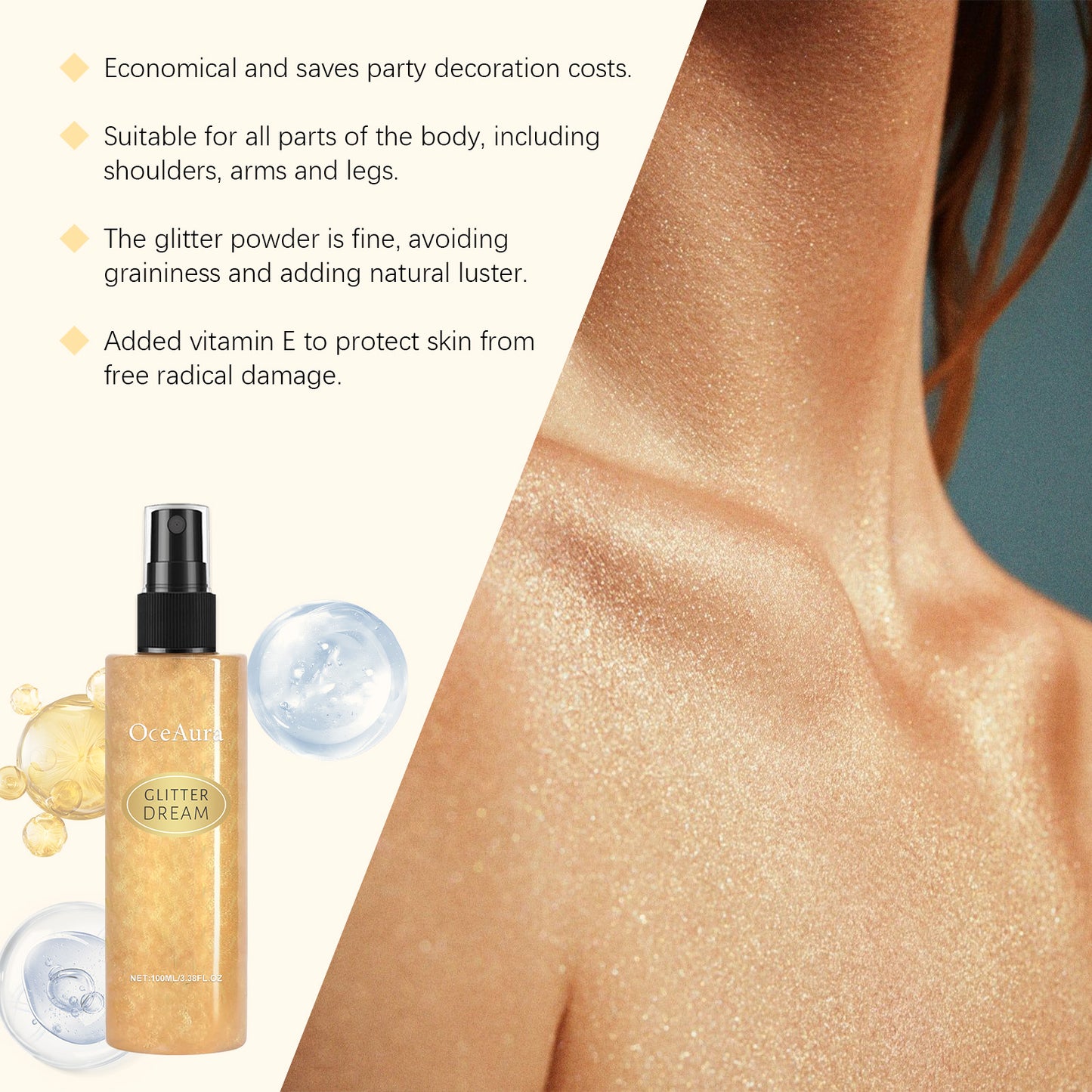 OceAura Glitter Dream Body Glitter Spray Natural Stereoscopic Long-Lasting Shiny Hair Body Collarbone Highlighter Spray