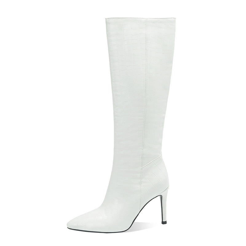 New Women's Knee High Boots Autumn Winter Warm Shoes Black White Dress Party Female Long Boots High Heels Pointed Toe 43