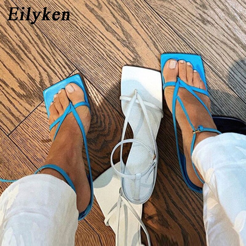 Fashion Ankle Buckle Strap Women Sandals Sexy Summer Square Head Clip Toes Flip Flops Thin High Heels Ladies Party shoes