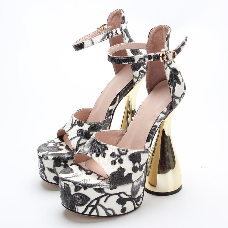 Sandals Women's New Summer Super High Heel Thick Heel Waterproof Platform Embroidered Buckle Fish Mouth 16cm High Heels