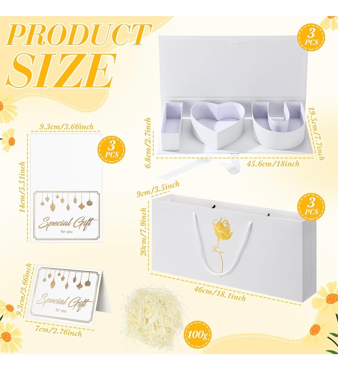 "I Love You" Box Cardboard 3 Fillable Flower Box 3 Gift Bags 3 Greeting Cards Raffia Paper Shreds for DIY Valentine's Day Wedding Bridal Shower Birthday Chocolate Gifts Packaging