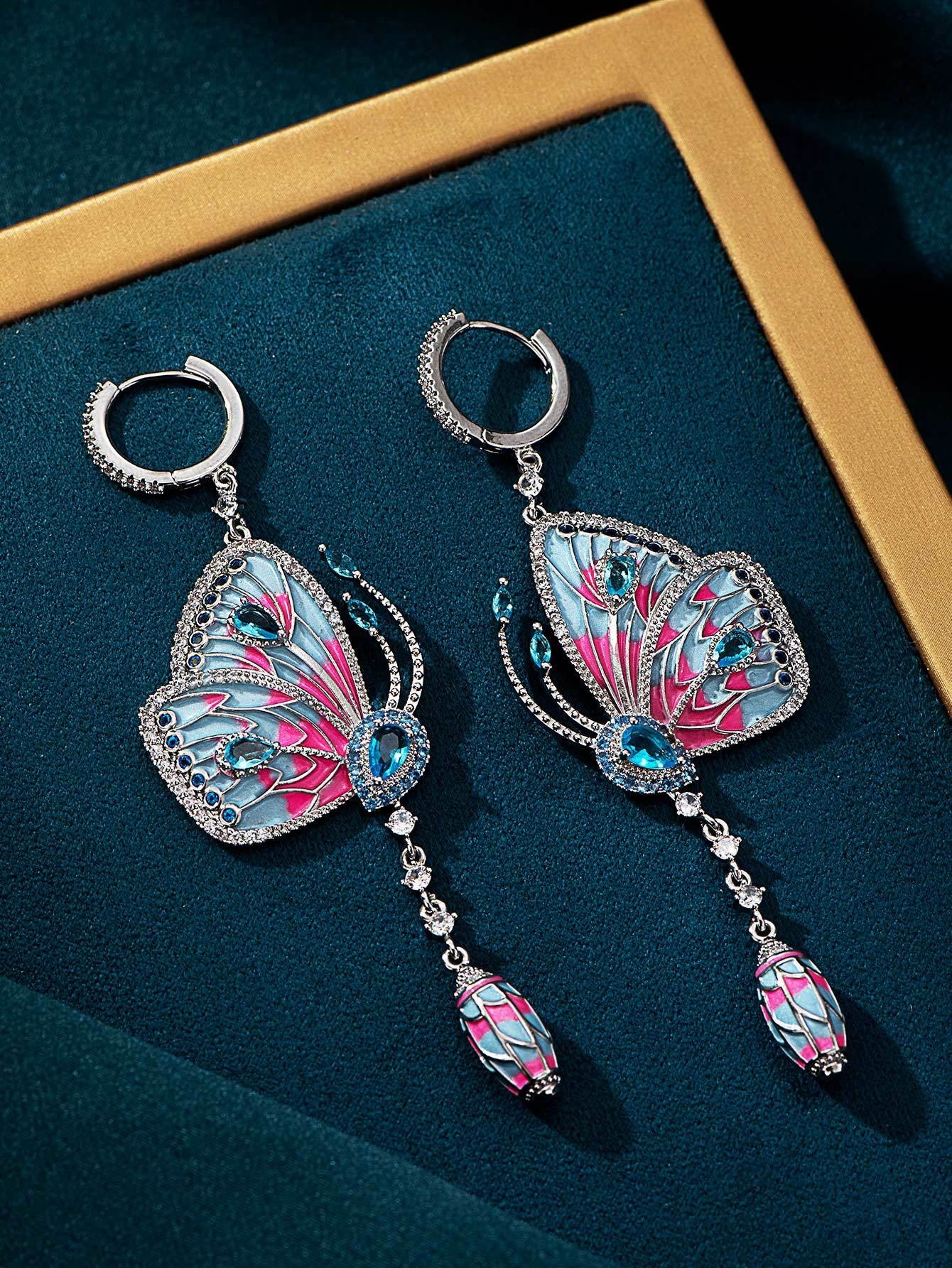 Butterfly Ear Buckle Colorful Diamond Set Long Earrings Fashion Earrings
