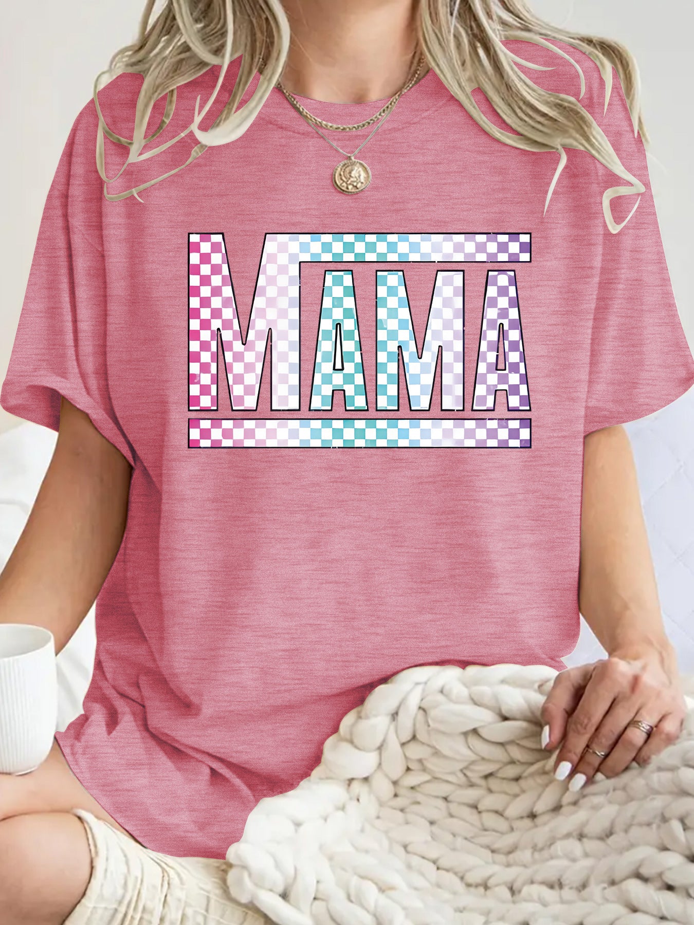 Mom's gift round neck pullover short sleeved shirt