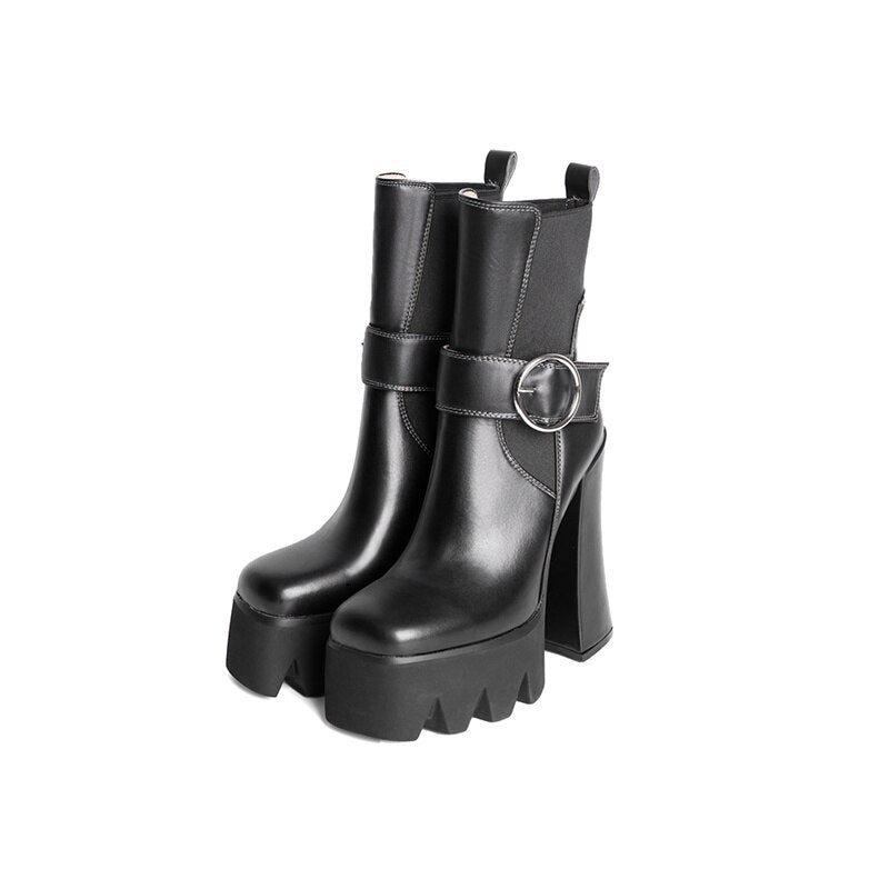 Women's Autumn Short Boots Brand New Square Toe Super High Heel Thick Sole Metal Sexy Stretch Bare Boots 42 Sizes