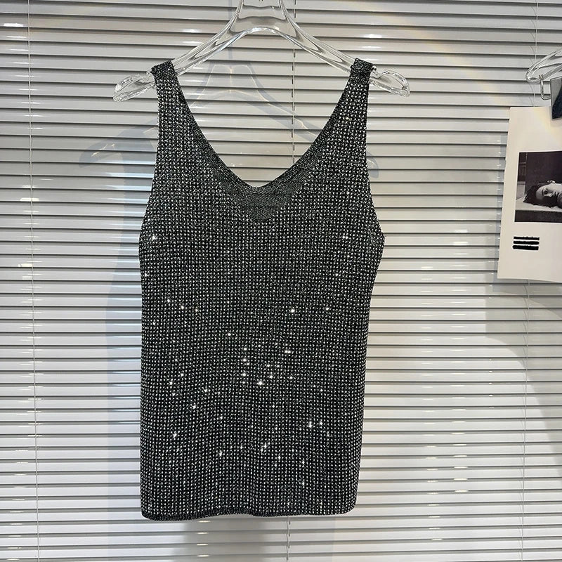 Hot pressed diamond collar knitted camisole vest women's top