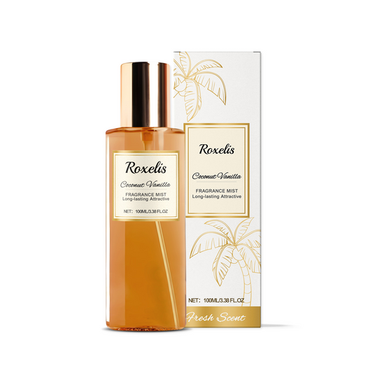 Roxelis Coconut Vanilla fragrance mist bottle and packaging on a white background